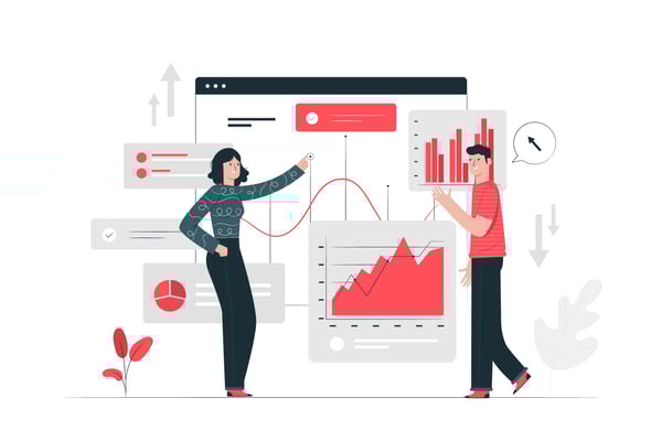 An illustration of a couple looking to charts debating how to increase sales based on their data