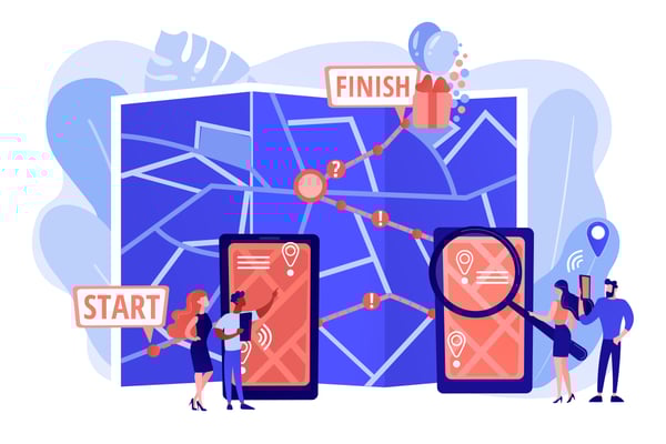 An illustration of two couples with smartphones looking into a game map representing the product roadmap.