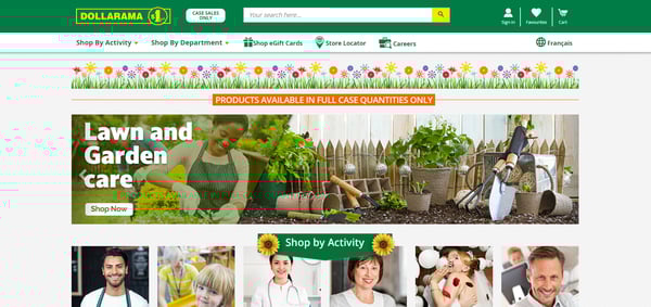 The webpage of Dollarama, in beige and green tones, with a menu filled with different product categories and banners, representing the meaning of retail and retailers.