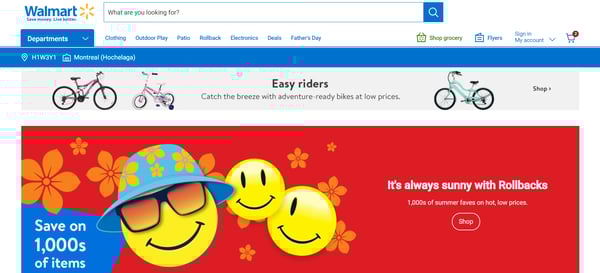 The webpage of Walmart as an retail business, showing Walmart's landing page with different types of product categories, in tones of blue and white, Walmart's signture colours.