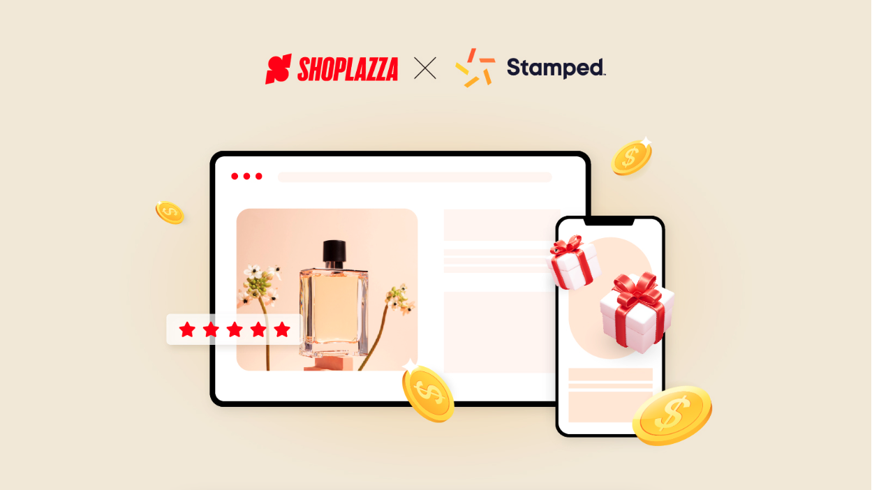 L'image de couverture montre les logos Shoplazza et Stamped l'un à c?té de l'autre, ainsi qu'une illustration d'un ordinateur et d'un écran de téléphone avec cinq étoiles, faisant allusion aux avis sur les produits.